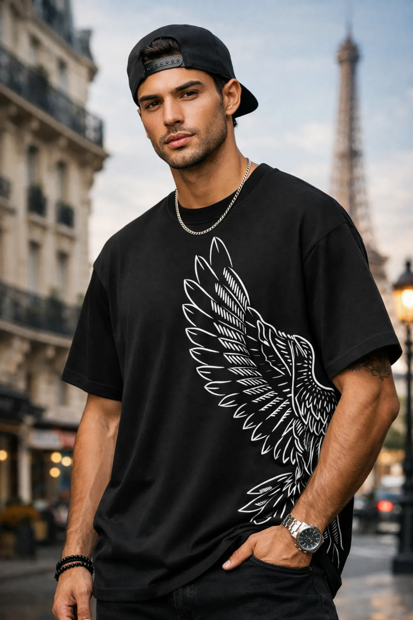 Male model wearing Paris Eagle black oversized t-shirt with white eagle wing graphic streetwear design