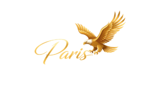 Paris script logo with flying eagle emblem on black background for streetwear t-shirt print design
