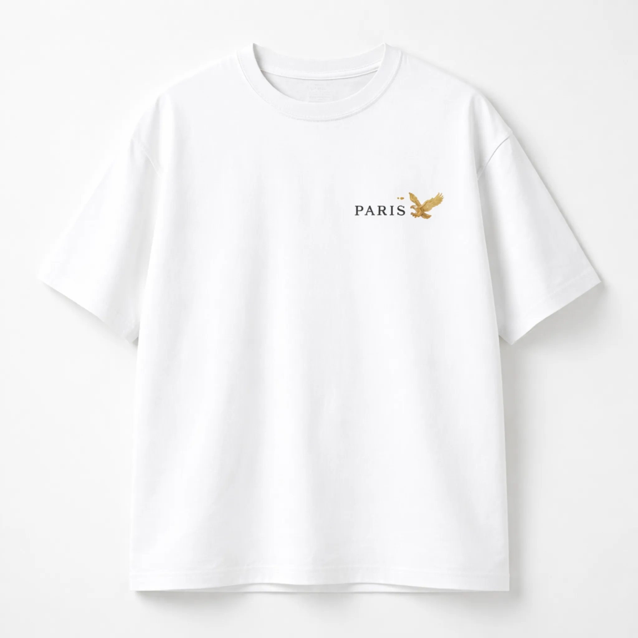 White oversized streetwear T-shirt with small Paris Eagle logo printed on left chest