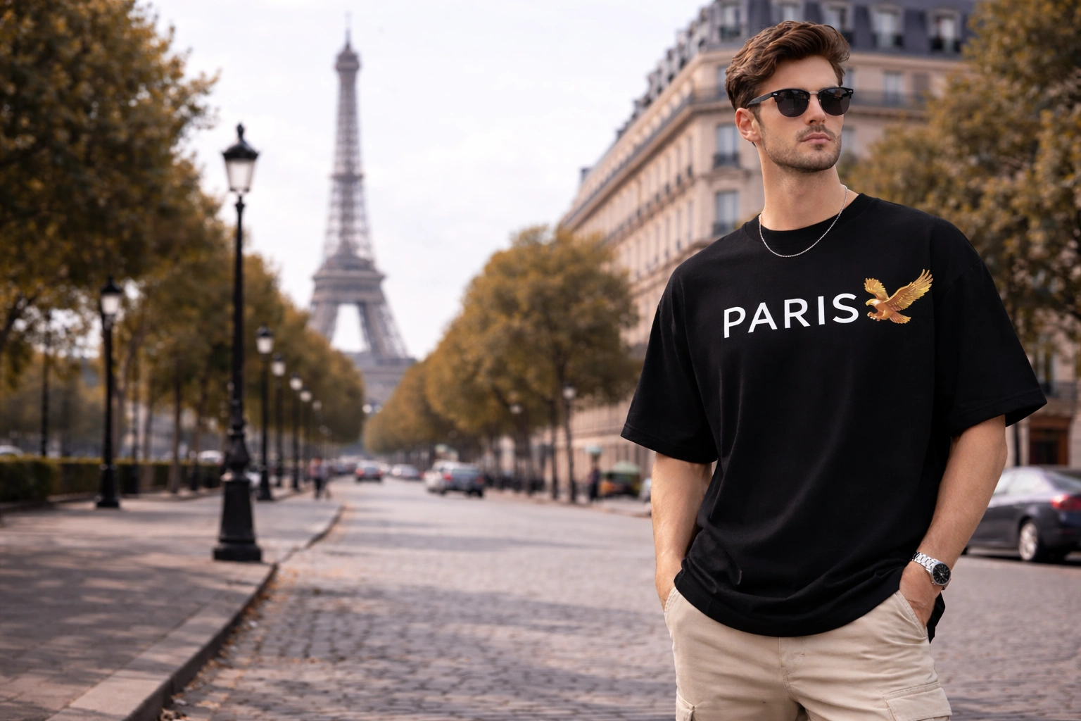Model wearing premium 240 GSM oversized black t-shirt with white Paris text and golden eagle logo streetwear style