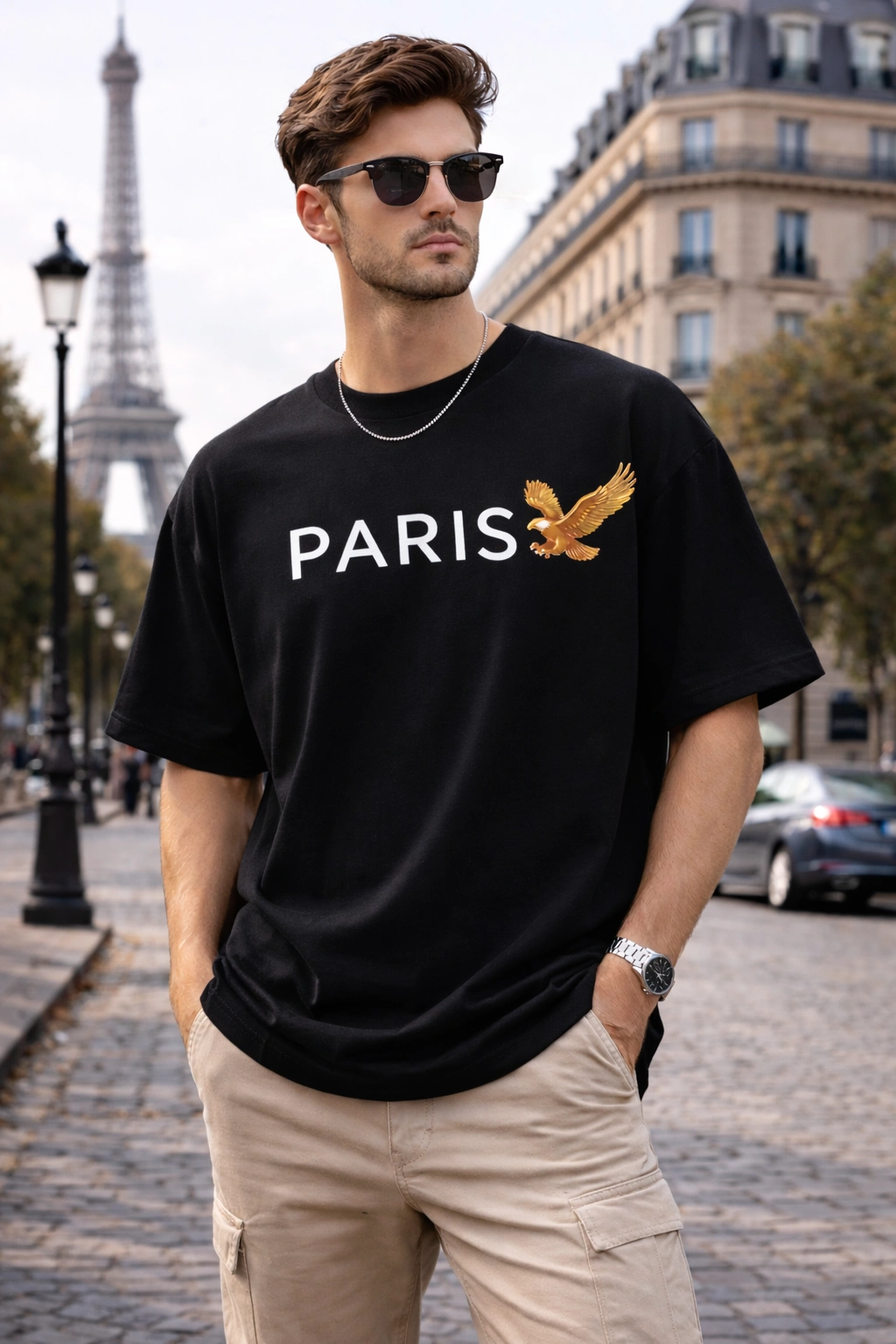 Model wearing premium 240 GSM oversized black t-shirt with white Paris text and golden eagle logo streetwear style